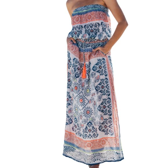 Kalypso 7 Sumba Strapless Dress Coverup, White Multi, Cotton, M - Picture 1 of 12